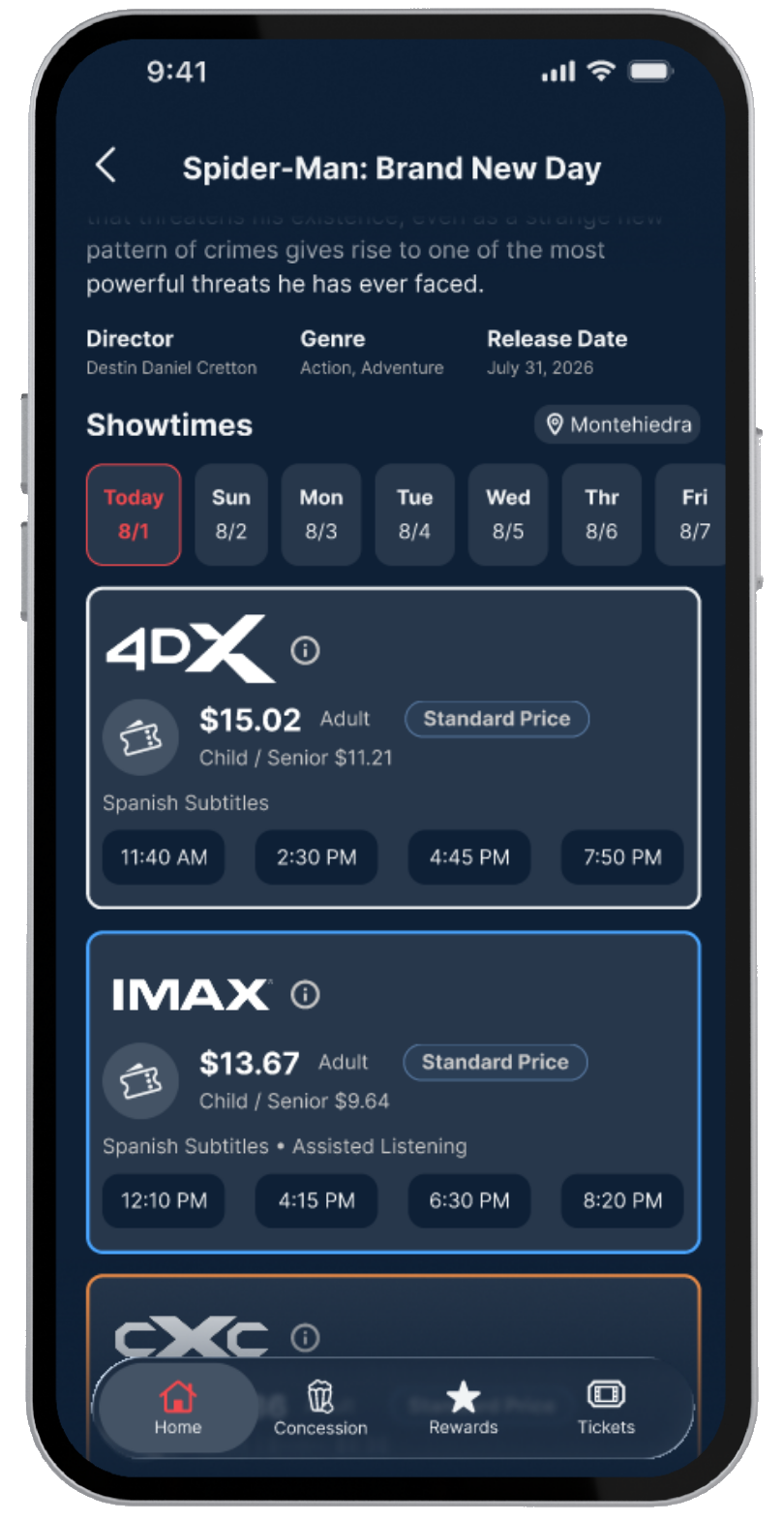 Redesigned Caribbean Cinemas showtimes screen